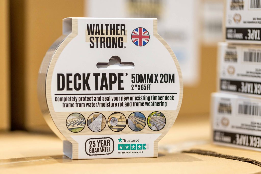 Deck Tape stock in warehouse – UV stable, easy-to-tear, repositionable protective tape for timber applications